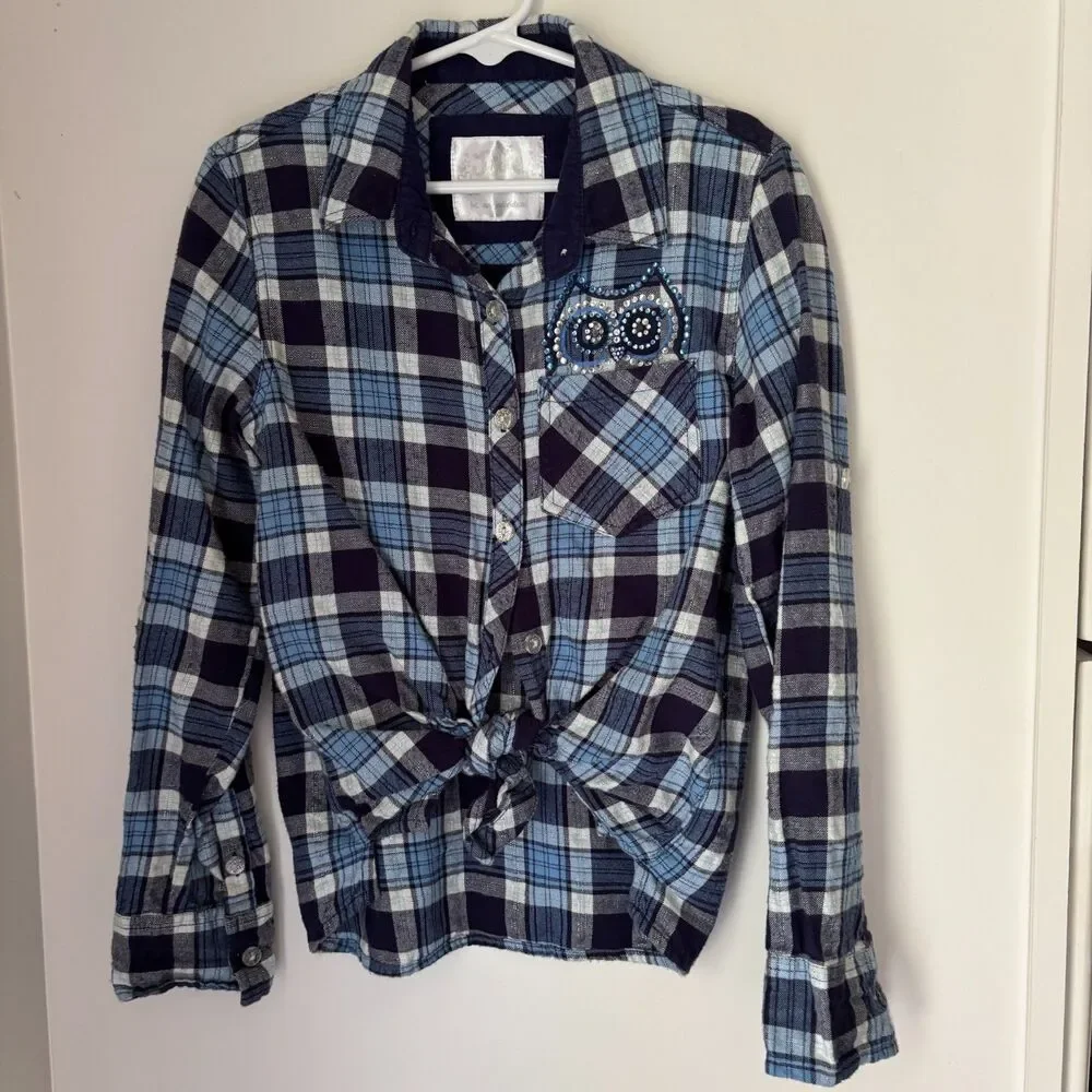 Justice Girls Sz 8 Blue Plaid Owl Sequin Roll Tab Button Front Flannel Shirt #14